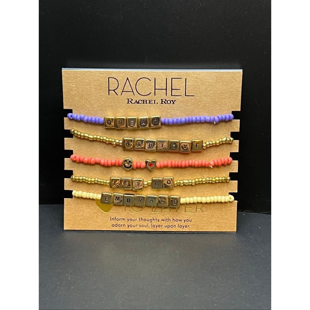 New RACHEL Rachel Roy Gold Tone 5 Piece Inspirational Bead Stretch Bracelet Set